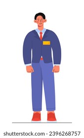 Hotel staff worker concept. Young guy in blue jacket and jeans. Manager and recepionist, clerk. Graphic element for website. Cartoon flat vector illustration isolated on white background