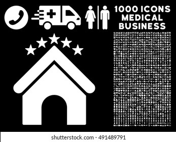 Hotel Stars icon with 1000 medical business white vector pictographs. Collection style is flat symbols, black background.