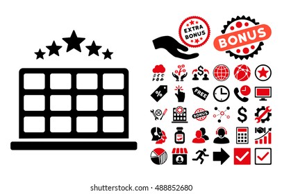 Hotel Stars pictograph with bonus images. Vector illustration style is flat iconic bicolor symbols, intensive red and black colors, white background.