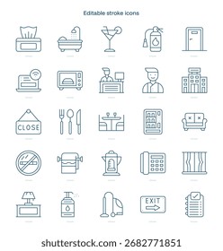 Symbol für Hotelstrich. Symbolsatz für Hotelzeile. bearbeitbares Strichsymbolpaket