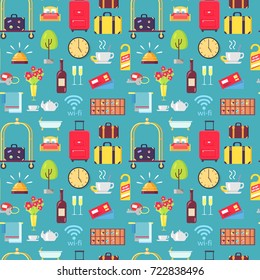 Hotel stuff seamless pattern with baggage, bellman cart, wine, do not disturb signs, flowers and bells. Vector illustration of motel stuff on blue background