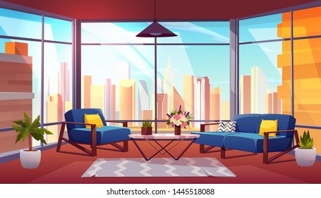 Hotel suite, office lounge area, condominium apartment living room cartoon vector interior. Comfortable armchair and sofa, vase on coffee table, metropolis cityscape in panoramic window illustration