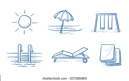 Hotel summer vacation icon set, with beach, sunbed, towels, swimming pool, sun and playground. Hand drawn line art cartoon vector illustration.