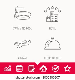 Hotel, swimming pool and airplane icons. Reception bell linear sign. Edit document, Calendar and Graph chart signs. Star, Check and House web icons. Vector