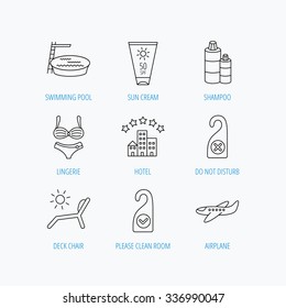 Hotel, swimming pool and beach deck chair icons. Sun cream, do not disturb and clean room linear signs. Shampoo and airplane icons. Linear set icons on white background.