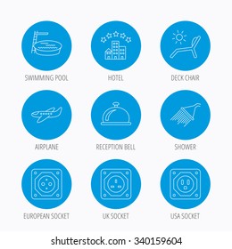 Hotel, swimming pool and beach deck chair icons. Reception bell, shower and airplane linear signs. European, UK and USA socket icons. Blue circle buttons set. Linear icons.