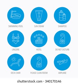 Hotel, swimming pool and beach deck chair icons. Sun cream, do not disturb and clean room linear signs. Shampoo and airplane icons. Blue circle buttons set. Linear icons.