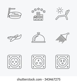 Hotel, swimming pool and beach deck chair icons. Reception bell, shower and airplane linear signs. European, UK and USA socket icons. Linear black icons on white background.