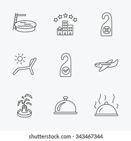 Hotel, swimming pool and beach deck chair icons. Reception bell, restaurant food and airplane linear signs. Do not disturb and clean room flat line icons. Linear black icons on white background.