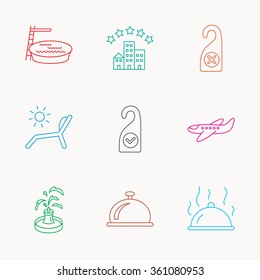 Hotel, swimming pool and beach deck chair icons. Reception bell, restaurant food and airplane linear signs. Do not disturb and clean room flat line icons. Linear colored icons.