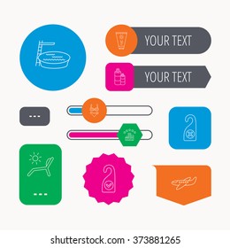 Hotel, swimming pool and beach deck chair icons. Sun cream, do not disturb and clean room linear signs. Shampoo and airplane icons. Web buttons and app menu navigation.