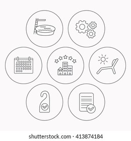 Hotel, swimming pool and beach deck chair icons. Clean room linear sign. Check file, calendar and cogwheel icons. Vector