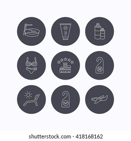 Hotel, swimming pool and beach deck chair icons. Sun cream, do not disturb and clean room linear signs. Shampoo and airplane icons. Flat icons in circle buttons on white background. Vector