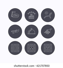 Hotel, swimming pool and beach deck chair icons. Reception bell, shower and airplane linear signs. European, UK and USA socket icons. Flat icons in circle buttons on white background. Vector