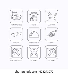 Hotel, swimming pool and beach deck chair icons. Reception bell, shower and airplane linear signs. European, UK and USA socket icons. Flat linear icons in squares on white background. Vector