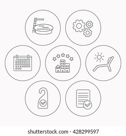 Hotel, swimming pool and beach deck chair icons. Clean room linear sign. Check file, calendar and cogwheel icons. Vector