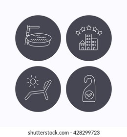 Hotel, swimming pool and beach deck chair icons. Clean room linear sign. Flat icons in circle buttons on white background. Vector