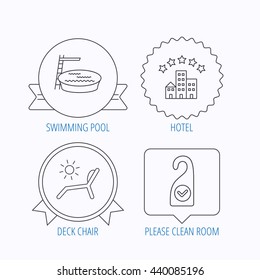Hotel, swimming pool and beach deck chair icons. Clean room linear sign. Award medal, star label and speech bubble designs. Vector