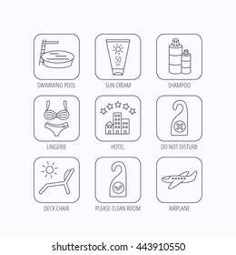 Hotel, swimming pool and beach deck chair icons. Sun cream, do not disturb and clean room linear signs. Shampoo and airplane icons. Flat linear icons in squares on white background. Vector