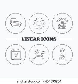 Hotel, swimming pool and beach deck chair icons. Clean room linear sign. Flat cogwheel and calendar symbols. Linear icons in circle buttons. Vector