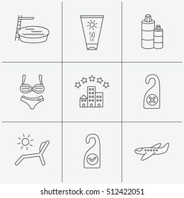 Hotel, swimming pool and beach deck chair icons. Sun cream, do not disturb and clean room linear signs. Shampoo and airplane icons. Linear icons on white background. Vector