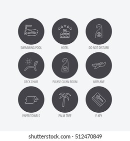 Hotel, swimming pool and beach deck chair icons. E-key, do not disturb and clean room linear signs. Paper towels, palm tree and airplane icons. Linear icons in circle buttons. Flat web symbols. Vector
