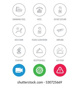 Hotel, swimming pool and beach deck chair icons. Reception bell, restaurant food and airplane linear signs. Do not disturb and clean room flat line icons. Vector