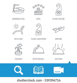 Hotel, swimming pool and beach deck chair icons. Reception bell, restaurant food and airplane linear signs. Do not disturb and clean room flat line icons. Video cam, book and magnifier search icons