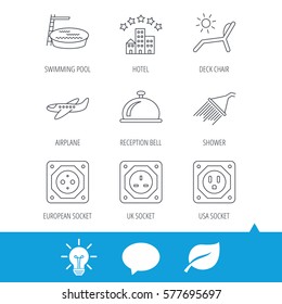 Hotel, swimming pool and beach deck chair icons. Reception bell, shower and airplane linear signs. European, UK and USA socket icons. Light bulb, speech bubble and leaf web icons. Vector