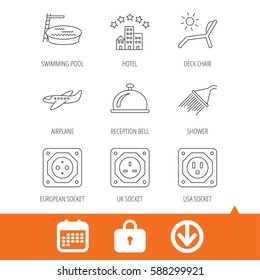 Hotel, swimming pool and beach deck chair icons. Reception bell, shower and airplane linear signs. European, UK and USA socket icons. Download arrow, locker and calendar web icons. Vector