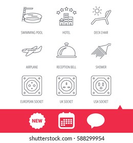 Hotel, swimming pool and beach deck chair icons. Reception bell, shower and airplane linear signs. European, UK and USA socket icons. New tag, speech bubble and calendar web icons. Vector