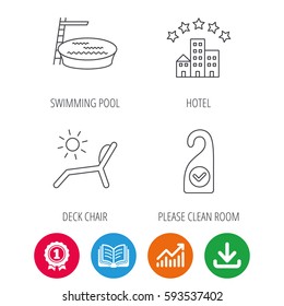 Hotel, swimming pool and beach deck chair icons. Clean room linear sign. Award medal, growth chart and opened book web icons. Download arrow. Vector