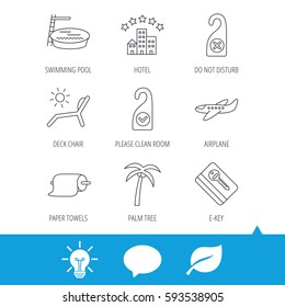 Hotel, swimming pool and beach deck chair icons. E-key, do not disturb and clean room linear signs. Paper towels, palm tree and airplane icons. Light bulb, speech bubble and leaf web icons. Vector