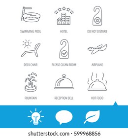Hotel, swimming pool and beach deck chair icons. Reception bell, restaurant food and airplane linear signs. Do not disturb and clean room flat line icons. Light bulb, speech bubble and leaf web icons