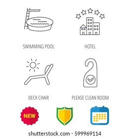 Hotel, swimming pool and beach deck chair icons. Clean room linear sign. Shield protection, calendar and new tag web icons. Vector