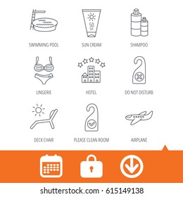 Hotel, swimming pool and beach deck chair icons. Sun cream, do not disturb and clean room linear signs. Shampoo and airplane icons. Download arrow, locker and calendar web icons. Vector