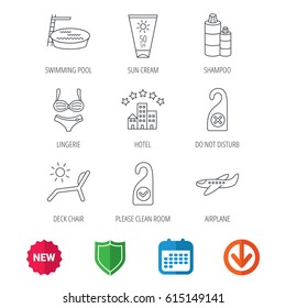 Hotel, swimming pool and beach deck chair icons. Sun cream, do not disturb and clean room linear signs. Shampoo and airplane icons. New tag, shield and calendar web icons. Download arrow. Vector