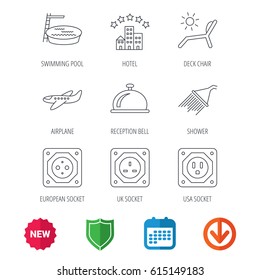 Hotel, swimming pool and beach deck chair icons. Reception bell, shower and airplane linear signs. European, UK and USA socket icons. New tag, shield and calendar web icons. Download arrow. Vector