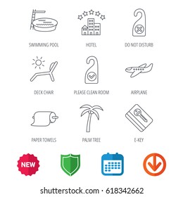 Hotel, swimming pool and beach deck chair icons. E-key, do not disturb and clean room linear signs. Paper towels, palm tree and airplane icons. New tag, shield and calendar web icons. Download arrow