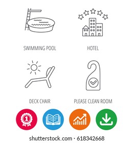 Hotel, swimming pool and beach deck chair icons. Clean room linear sign. Award medal, growth chart and opened book web icons. Download arrow. Vector