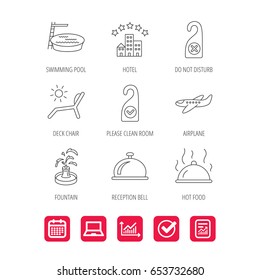 Hotel, swimming pool and beach deck chair icons. Reception bell, restaurant food and airplane linear signs. Do not disturb and clean room flat line icons. Vector