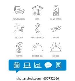 Hotel, swimming pool and beach deck chair icons. Reception bell, restaurant food and airplane linear signs. Do not disturb and clean room flat line icons. Vector