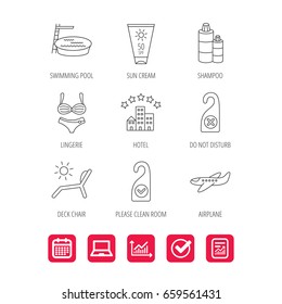 Hotel, swimming pool and beach deck chair icons. Sun cream, do not disturb and clean room linear signs. Shampoo and airplane icons. Report document, Graph chart and Calendar signs. Vector