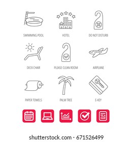 Hotel, swimming pool and beach deck chair icons. E-key, do not disturb and clean room linear signs. Paper towels, palm tree and airplane icons. Report document, Graph chart and Calendar signs. Vector