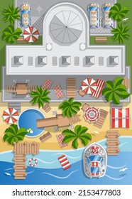 Hotel with a swimming pool by the sea. A place to relax. View from above. Vector illustration.