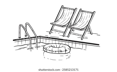 Hotel swimming pool line illustration, vector hand drawn water resort rest outline print, spa chair. Summer holiday outdoor doodle, simple luxury villa swim business concept. Travel swimming pool icon