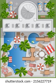 Hotel with a swimming pool. A place to relax. View from above. Vector illustration.