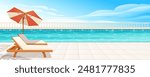 Hotel swimming pool or resort outdoor with wooden lounge and umbrella. Clear blue sky on background vector illustration