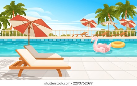Hotel swimming pool or resort outdoor wooden lounger umbrella inflatable flamingo and ball vector illustration
