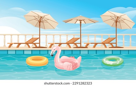 Hotel swimming pool or resort outdoor wooden lounger umbrella inflatable flamingo and ball vector illustration